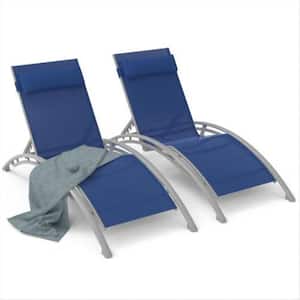 Outdoor Metal Chaise Lounge Set of 2 Patio Recliner Chairs with Adjustable Backrest and Removable Pillow, Blue, 2-Pack
