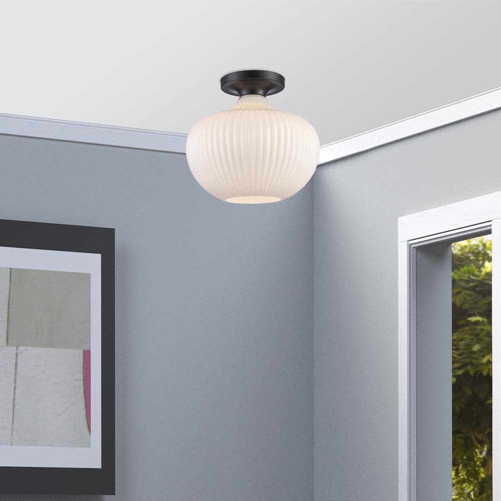 Aristo 12" Black Globe Semi-Flush Ceiling Light with Ribbed Glass Shade