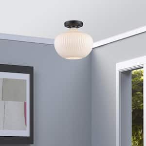 Aristo 12 in. 1-Light Black Semi-Flush Mount Ceiling Light Fixture with White Ribbed Glass Shade