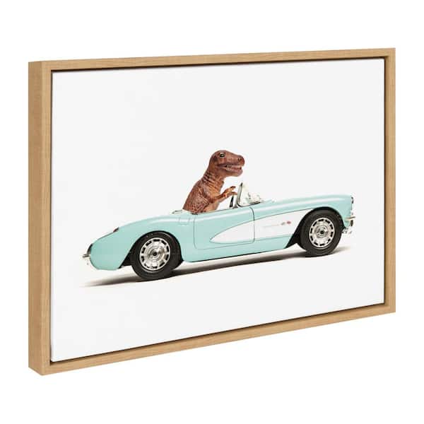 Kate and Laurel Sylvie T Rex Driving 1957 Aqua Chevy by Saint and Sailor Studios Natural Framed Art Print 18 in. x 24 in.
