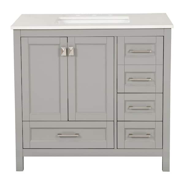 Boosicavelly 36 in. W x 22 in. D x 34 in. H Single Sink Freestanding Bath Vanity in Grey with White Carrara Marble Top