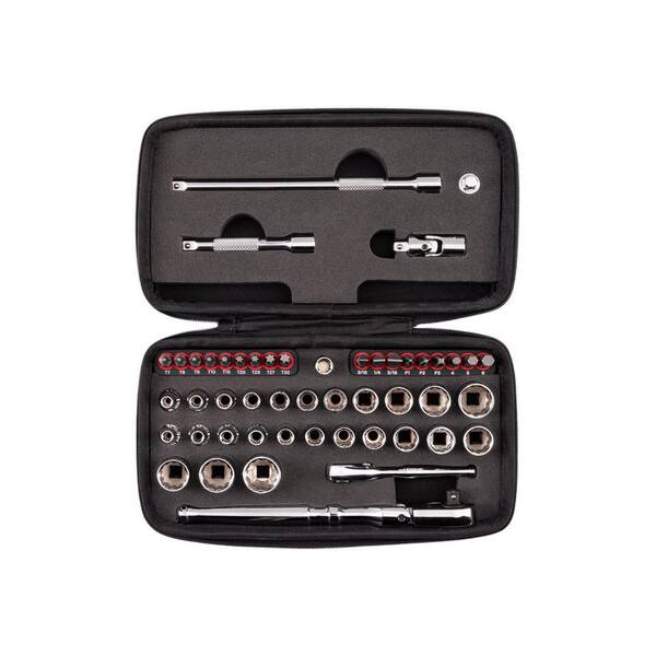 1/4 Inch Drive 12-Point Small Engine Shallow Socket, Bit and Flex Head Quick-Release Ratchet Set with Case (50-Piece)