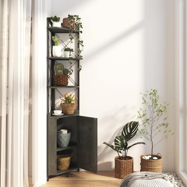 Urtr Dark Gray Wood Storage Cabinet With 4 Tiers Shelves And Door Corner Display Rack For Living Room