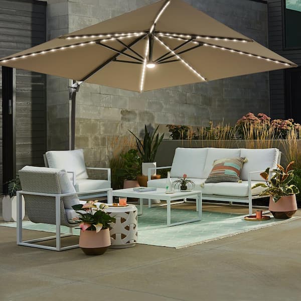 JOYESERY Sand 10*10FT Square Cantilever LED Umbrella - Sunbrella Fabric, Aluminum Frame and Innovative 360° Rotation System
