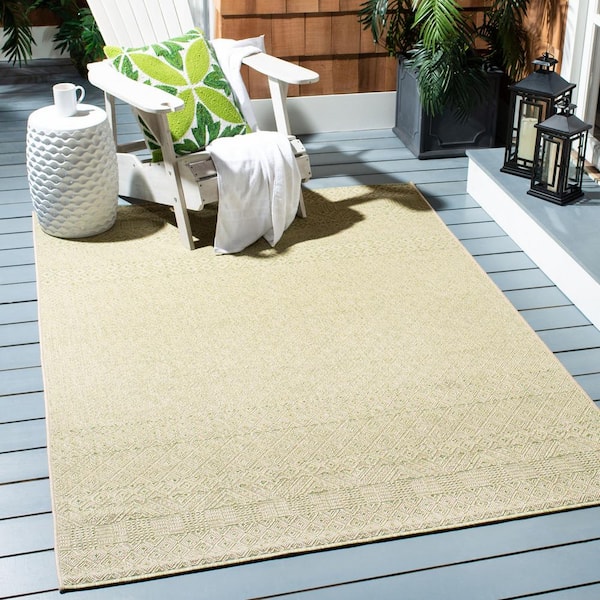 Courtyard Beige/Green 4 ft. x 6 ft. Tribal Striped Diamonds Indoor/Outdoor Patio  Area Rug