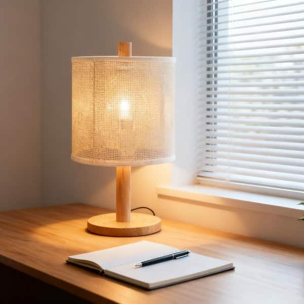11 in. Natural Brown 1-Light Wood Architect Table Lamp with Linen Shade, Modern Farmhouse for Bedroom Living Room