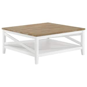 Hollis 39.25 in. Brown and White Square Wooden Coffee Table with Shelf