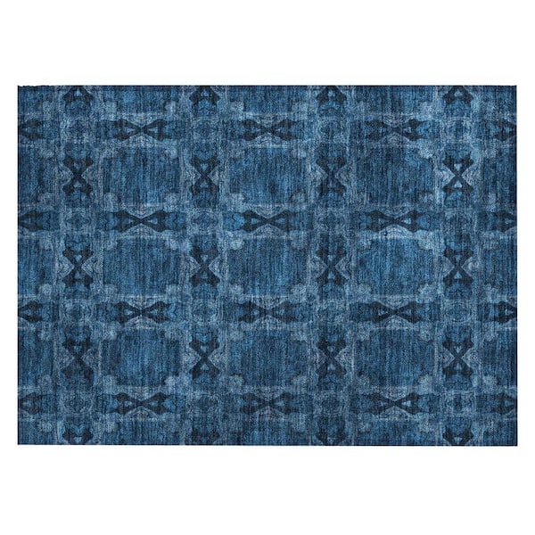 Navy and Gray 2 ft. x 3 ft. Woven Floral;Medallion Rectangle Indoor/Outdoor Area Rug