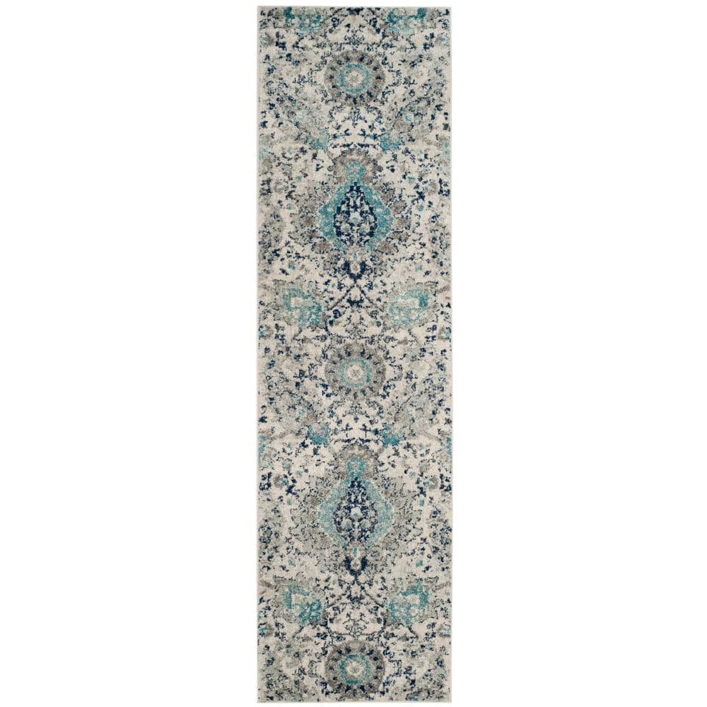 Gray and Blue Floral Motif Synthetic Runner Rug