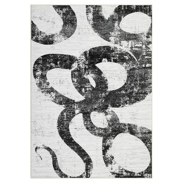 Unbranded Black and White 9 ft. x 12 ft. Ultra Thin Low Pile Foldable Lightweight Snake Print Washable Polyester Area Rug
