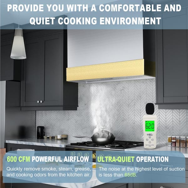 36 in. Stainless Steel Range Hood with Vent Motor, 600 CFM, 3-Speed, Wall Mount, in Brushed Stainless Steel with Gold