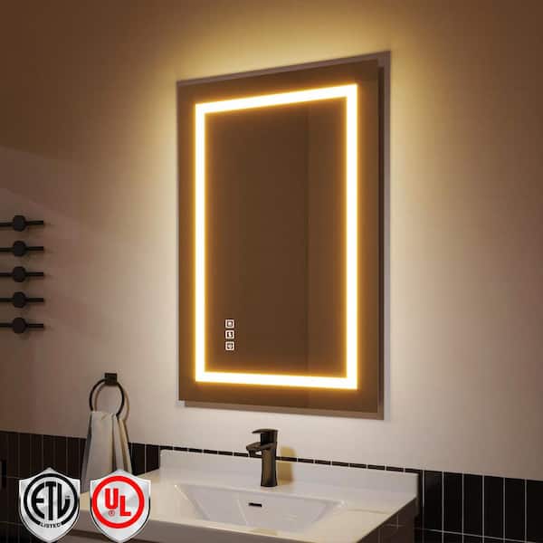 ORGANNICE 24 in. W x 36 in. H Rectangular Frameless Anti-Fog LED Light Bathroom Wall Mirror Front Light