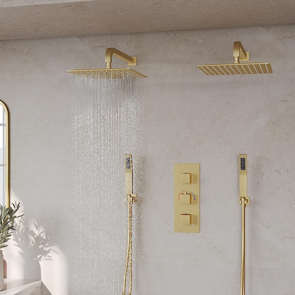 ZenithRain Shower System 8-Spray 12 and 12 in. Dual Wall Mount Fixed and Handheld Shower Head 2.5 GPM in Brushed Gold