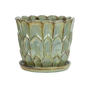 10 in. Green/Grey Ceramic Artichoke Planter with Saucer