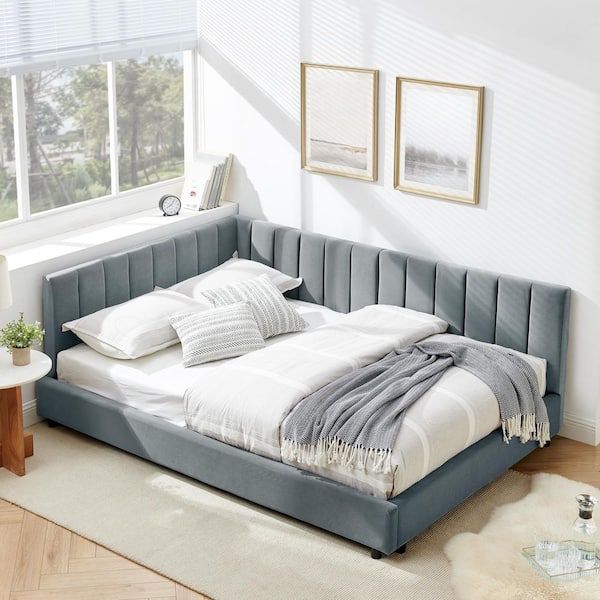 Velvet Upholstered Gray Wood Frame Full Size Platform Bed with Backrest and Armrest