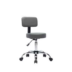 Gray Adjustable Drafting Stool with Wheels and Backrest, Faux Leather Space-Saving Rolling Stool