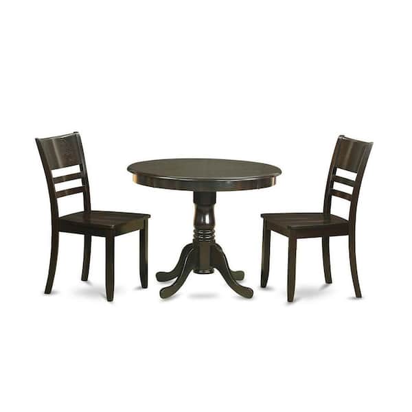 East West Furniture 3-Piece Round Cappuccino Finish Solid Wood Top Dining Table with 2-Chairs with Lattice Back