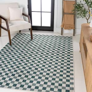 Aimee Traditional Cottage Checkerboard Turquoise/Cream 3 ft. x 5 ft. Indoor/Outdoor Area Rug
