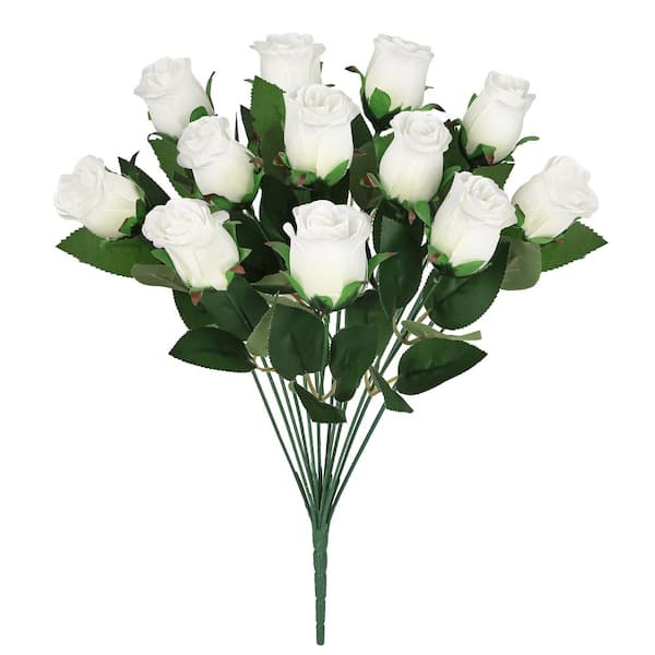 LIVING LUXURY 19.5 in. Cream White Artificial Rose Bud Flower Stem Bush Bouquet (Set of 2)