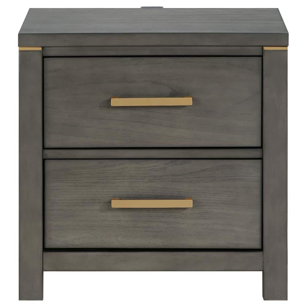Gray Pine Transitional 2-Drawer Nightstand with Brass Accents