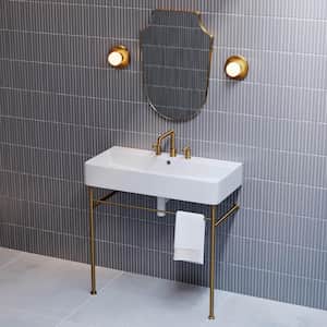 36 in. W Claire Ceramic White Console Sink With Brushed Gold Legs and 8 in. Widespread Faucet Holes