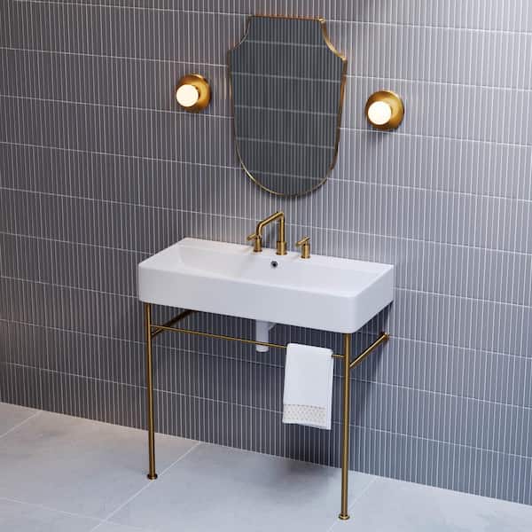Swiss Madison 36 in. W Claire Ceramic White Console Sink With Brushed Gold Legs and 8 in. Widespread Faucet Holes