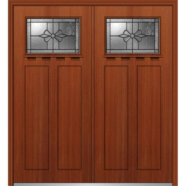 MMI Door 64 in. x 80 in. Dahlia Left-Hand Inswing 1/4-Lite Decorative Stained Fiberglass Fir Prehung Front Door with Shelf