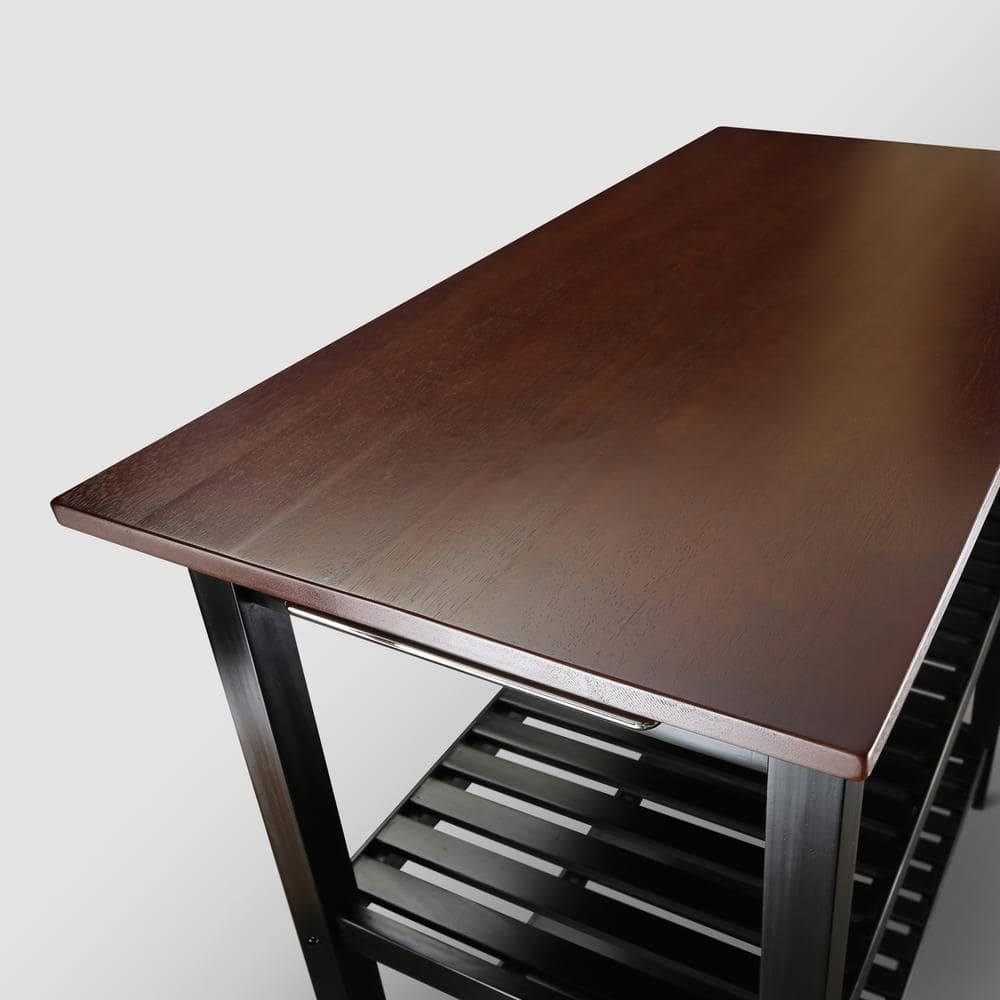 Walnut and Black Solid Wood Kitchen Island with Shelves