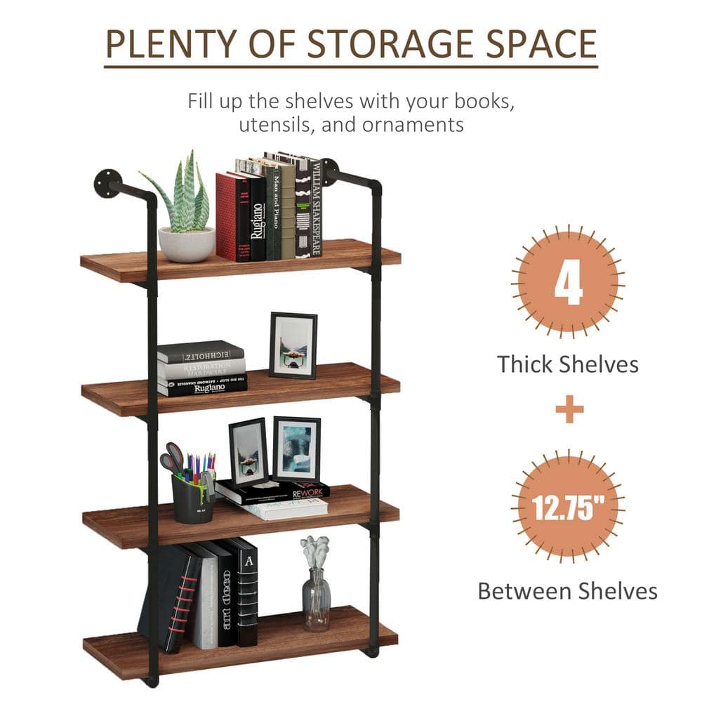 Industrial Brown Steel and Wood 4-Tier Wall Shelf