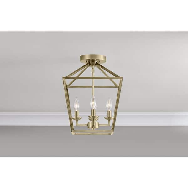 Home Decorators Collection Weyburn 16.5 in. 4-Light Brushed Brass Farmhouse Semi-Flush Mount Ceiling Light Fixture with Caged Metal Shade