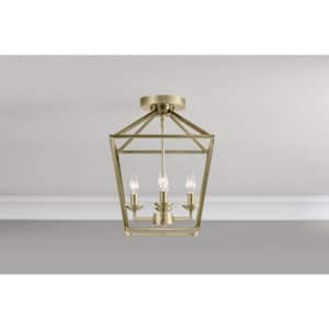 Weyburn 16.5 in. 4-Light Brushed Brass Farmhouse Semi-Flush Mount Ceiling Light Fixture with Caged Metal Shade