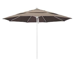 11 ft. White Aluminum Commercial Market Patio Umbrella with Fiberglass Ribs and Pulley Lift in Taupe Sunbrella