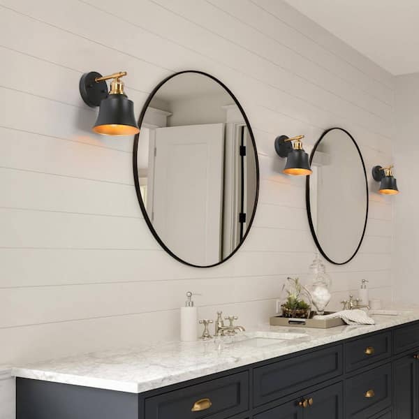 1-Light 6 in. Mid-century Modern Black and Gold Half-Bathroom Wall Sconce with Metal Shades, Stair, Pictures Wall Light