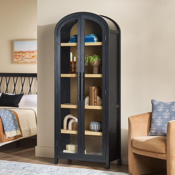Arched 76 in. Tall Black Wood 5-Shelf Bookcase with Full-Length Glass Doors