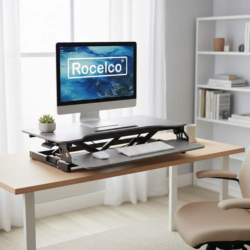 ROCELCO 31.5 in. W Gray Standing Desk Converter Dual Monitor Riser with ...