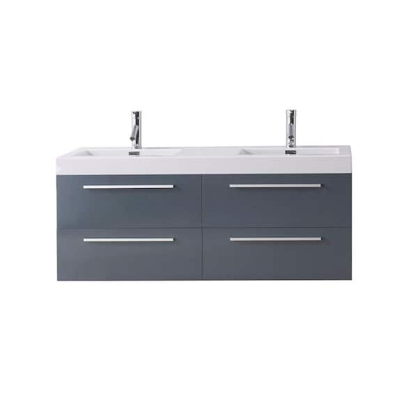 Virtu USA Finley 55 in. W Bath Vanity in Gray with Polymarble Vanity Top in White Polymarble with Square Basin and Faucet