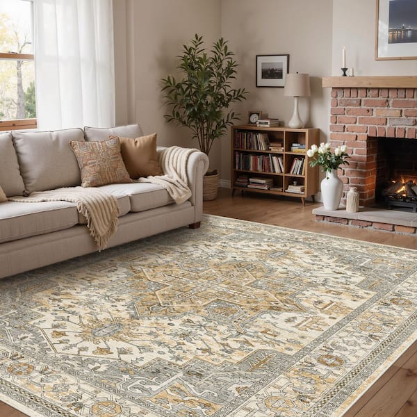 Imam Brown 9 ft. x 12 ft. Vintage Washable Medallion Distressed Area Rug