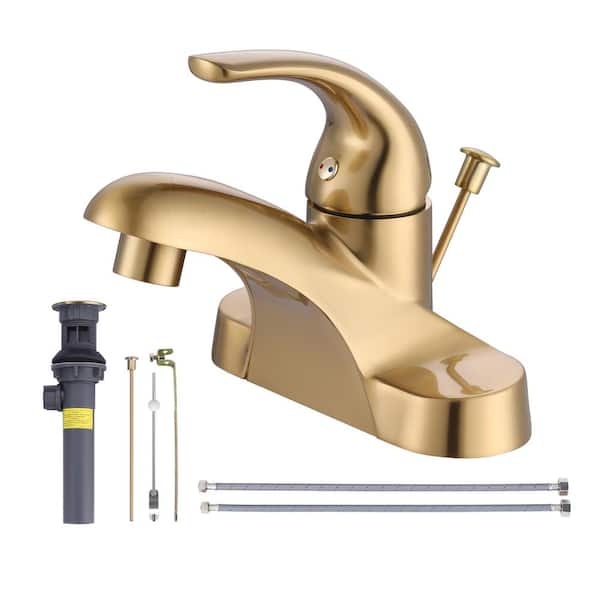 Durable 4 in. Centerset Single Handle Mid Arc Bathroom Faucet with Lift Rod Drain and Supply Lines in Gold