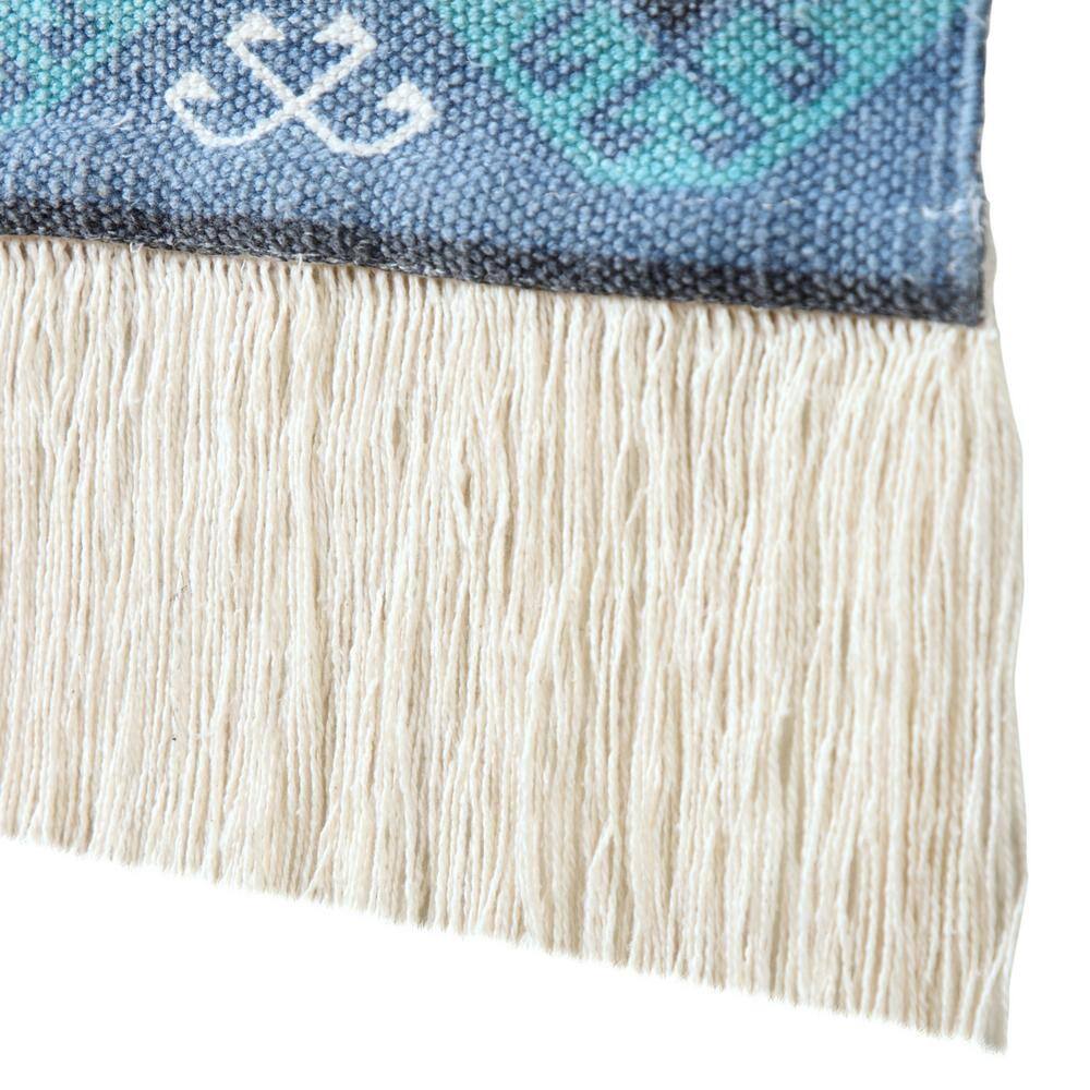 Blue and White Cotton Aztec Fringe Wall Hanging, 25.5"