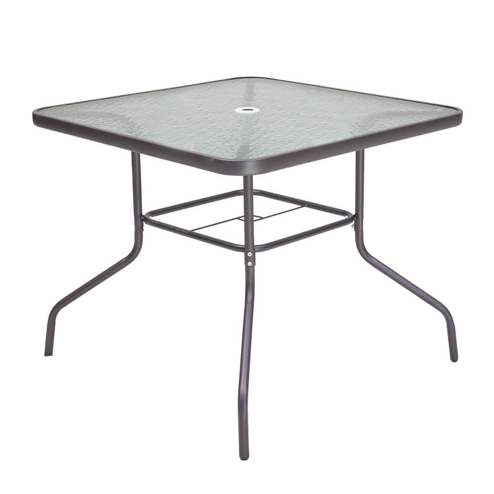 Brown Steel and Glass 5-Piece Patio Dining Set with Umbrella Hole