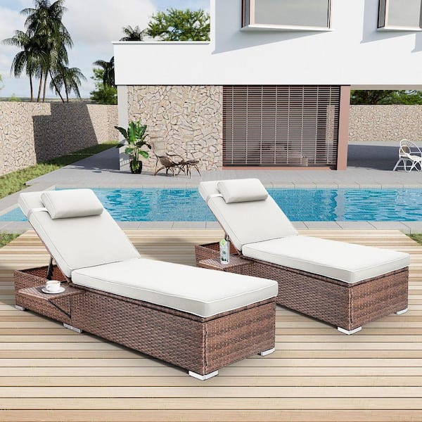 2-pieces Wicker Outdoor Chaise Lounge with Adjustable Backrest & Beige Cushions