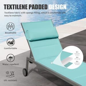 3-Pieces Outdoor Patio Aluminum Pool Lounge Chairs, with and Wheels for Poolside, Beach, Yard, Balcony (Lake Blue)
