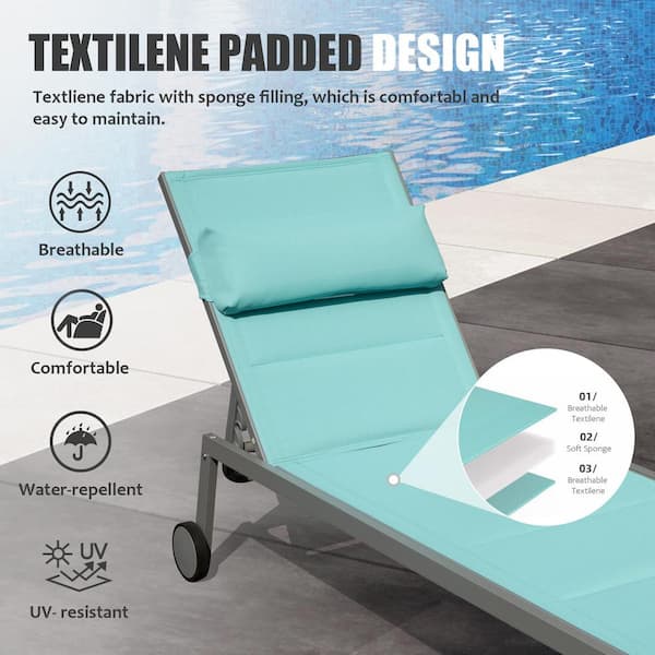 Unbranded 3-Pieces Outdoor Patio Aluminum Pool Lounge Chairs, with and Wheels for Poolside, Beach, Yard, Balcony (Lake Blue)