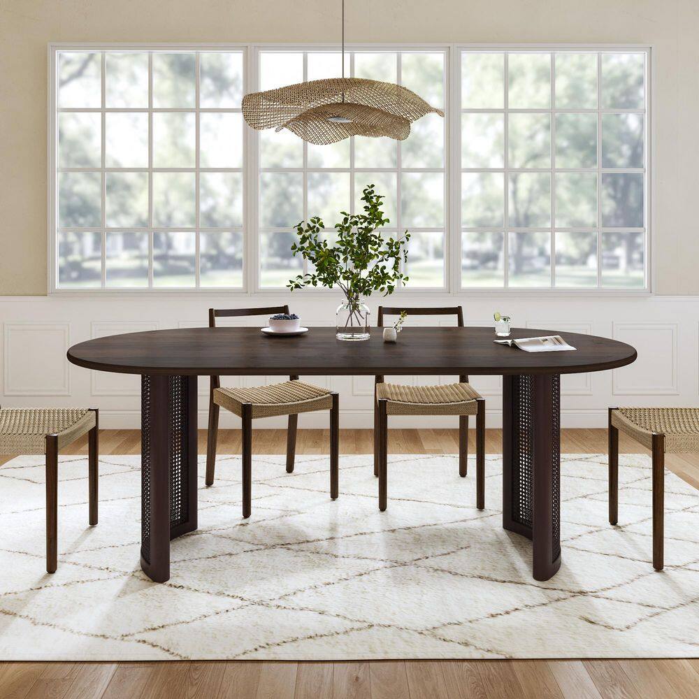 Oval Walnut Wood 67 in. Double Pedestal Dining Table Kitchen Table with Rattan Accents Seats 6
