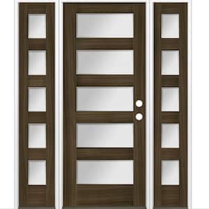 64 in. x 80 in. Modern Douglas Fir 5-Lite Left-Hand/Inswing Frosted Glass Black Stain Wood Prehung Front Door w/ DSL