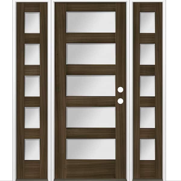 Krosswood Doors 64 in. x 80 in. Modern Hemlock 5-Lite Left-Hand/Inswing Frosted Glass Black Stain Wood Prehung Front Door w/ DSL