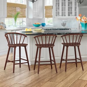 Winson Windsor 24 in. Walnut Solid Wood Bar Stool for Kitchen Island Counter Stool with Spindle Back Set of 3