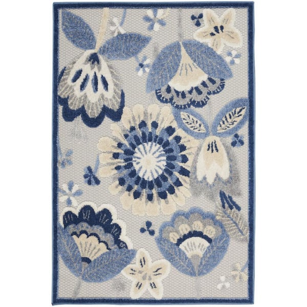 3' X 4' Blue And Gray Floral Indoor Outdoor Area Rug 3' X 4' Blue And Gray Floral Indoor Outdoor Area Rug