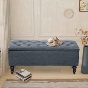 38 in. W x 17 in. D x 17 in. H Denim Blue Upholstered Flip Top Storage Bench with Turn Solid Wood Legs