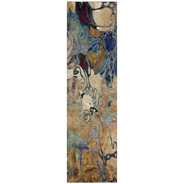 HomeRoots Beige, Blue 2 ft. x 8 ft. Woven Abstract Polyester Runner Indoor / Outdoor Area Rug